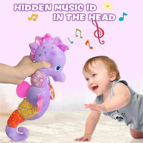Fuzqq Baby Girl Toys 0-6 Months,Musical Stuffed Animal Plush Toy with Rattle,Soft Newborn Toy for 0 3 6 9 12 Months Girls,Baby Girl Gift,Purple - 3