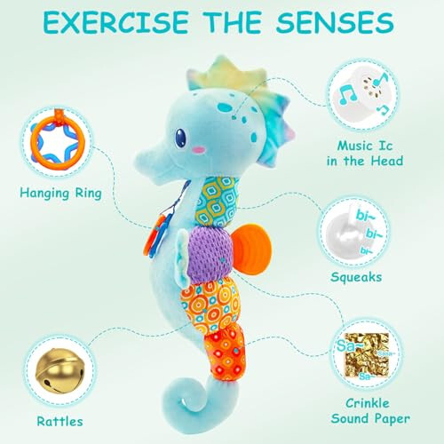 Fuzqq Baby Toys 0-6 Months,Infant Musical Stuffed Animals Soft Toy with Bright Colors,Crinkle Sound Paper, Multi-Textures & Rattles,Baby Newborn Toys for 0 3 6 9 12 Months Boy/Girls(Blue) - FUZQQ (1)