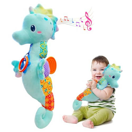 Fuzqq Baby Toys 0-6 Months,Musical Stuffed Animal Plush Toy with Rattle,Soft Newborn Toy for 0 3 6 9 12 Months Girls,Baby Boy Gift,Blue - 1