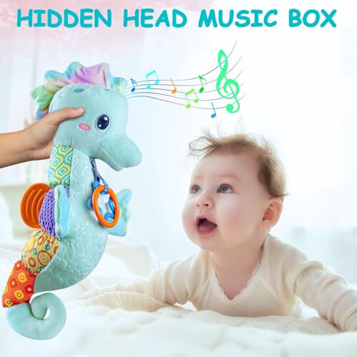 Fuzqq Baby Toys 0-6 Months,Musical Stuffed Animal Plush Toy with Rattle,Soft Newborn Toy for 0 3 6 9 12 Months Girls,Baby Boy Gift,Blue - 3
