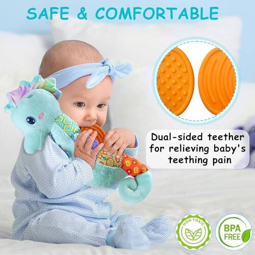 Fuzqq Baby Toys 0-6 Months,Musical Stuffed Animal Plush Toy with Rattle,Soft Newborn Toy for 0 3 6 9 12 Months Girls,Baby Boy Gift,Blue - 4