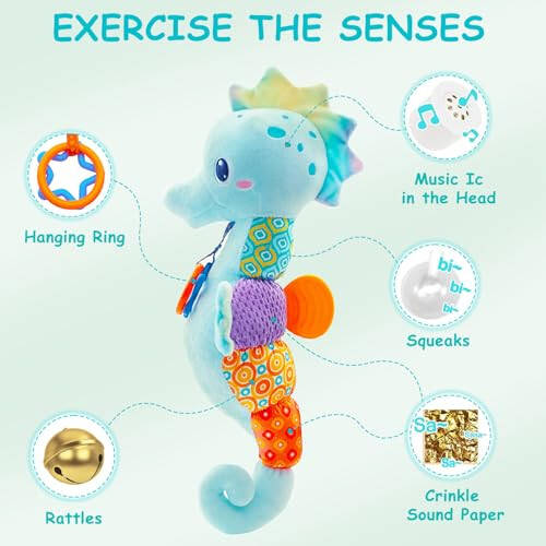 Fuzqq Baby Toys 0-6 Months,Musical Stuffed Animal Plush Toy with Rattle,Soft Newborn Toy for 0 3 6 9 12 Months Girls,Baby Boy Gift,Blue - 2