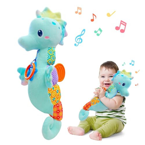 Fuzqq Baby Toys 0-6 Months,Musical Stuffed Animal Plush Toy with Rattle,Soft Newborn Toy for 0 3 6 9 12 Months Girls,Baby Boy Gift,Blue - 6