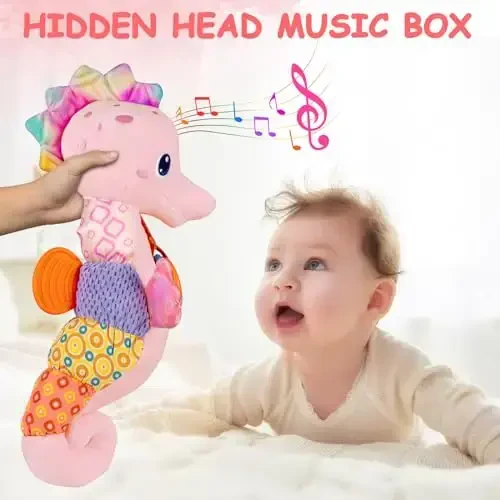 Fuzqq Baby Girl Toys 0-6 Months,Musical Stuffed Animal Plush Toy with Rattle,Soft Newborn Toy for 0 3 6 9 12 Months Girls,Baby Girl Gift,Pink - 3
