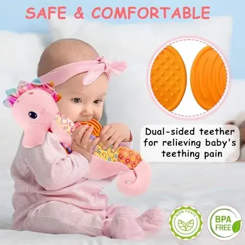 Fuzqq Baby Girl Toys 0-6 Months,Musical Stuffed Animal Plush Toy with Rattle,Soft Newborn Toy for 0 3 6 9 12 Months Girls,Baby Girl Gift,Pink - 4