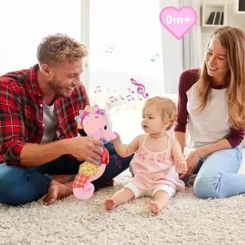 Fuzqq Baby Girl Toys 0-6 Months,Musical Stuffed Animal Plush Toy with Rattle,Soft Newborn Toy for 0 3 6 9 12 Months Girls,Baby Girl Gift,Pink - 6