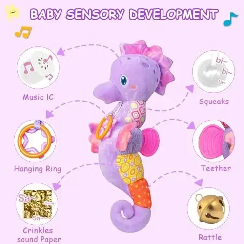 Fuzqq Baby Girl Toys 0-6 Months,Musical Stuffed Animal Plush Toy with Rattle,Soft Newborn Toy for 0 3 6 9 12 Months Girls,Baby Girl Gift,Purple - 2