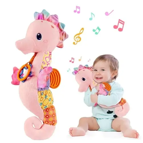 Fuzqq Chaqaloq Qizlar O'yinchoqlari 0-6 Oy, Shiqildoq bilan Musiqali Yumshoq Hayvon Peluş O'yinchoq, 0 3 6 9 12 Oylik Qizlar uchun Yumshoq Yangi Tug'ilgan O'yinchoq, Chaqaloq Qizlar uchun Sovg'a, Pushti 