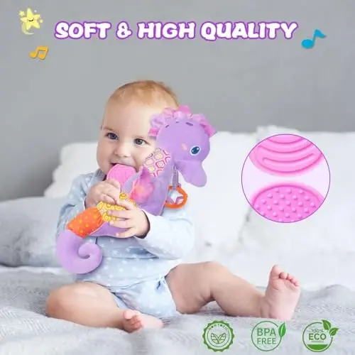 Fuzqq Chaqaloq Qizlar O'yinchoqlari 0-6 Oy, Shiqildoqli Musiqiy Yumshoq O'yinchoq, 0 3 6 9 12 Oylik Qizlar uchun Yumshoq Yangi Tug'ilgan O'yinchoq, Chaqaloq Qizga Sovg'a, Binafsha - 4