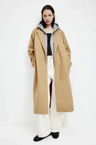 Fuzzy Textured and Belted Coat-Beige - 1