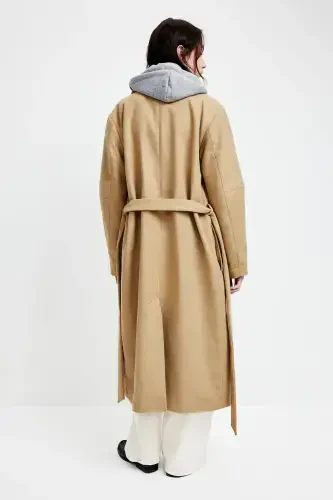 Fuzzy Textured and Belted Coat-Beige - 4