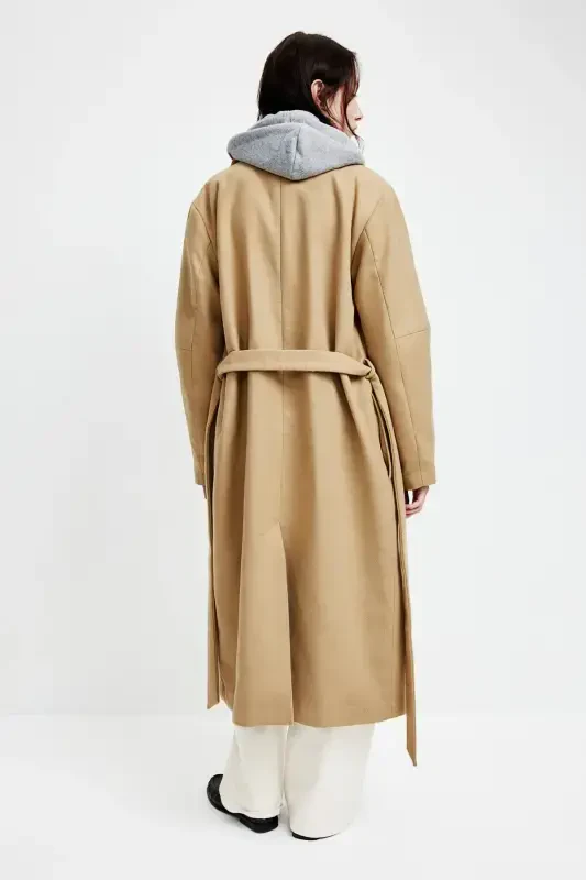 Fuzzy Textured and Belted Coat-Beige - 4