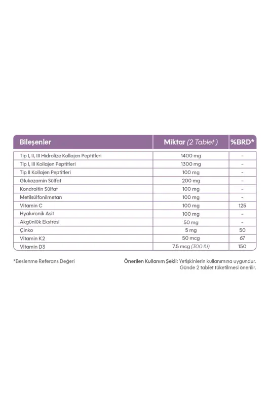 FXONE Tablet - Tip I-II-III Kolajen + C,Zn,K2,D3,Hyaluronik Asit | Eklem Sağlığı | 60 Tablet - 2