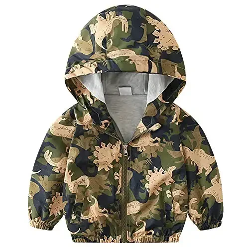 FYMNSI Toddler Baby Boys Girls Hooded Jacket Windbreaker Lightweight Dinosaur Print Coat Autumn Long Sleeve Windproof Outwear - FYMNSI