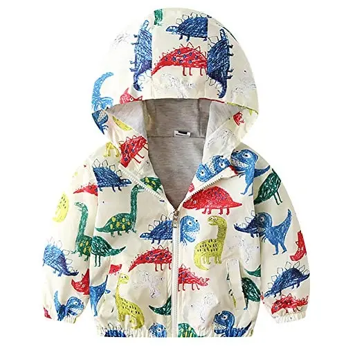 FYMNSI Toddler Baby Boys Girls Hooded Jacket Windbreaker Lightweight Dinosaur Print Coat Autumn Long Sleeve Windproof Outwear - FYMNSI