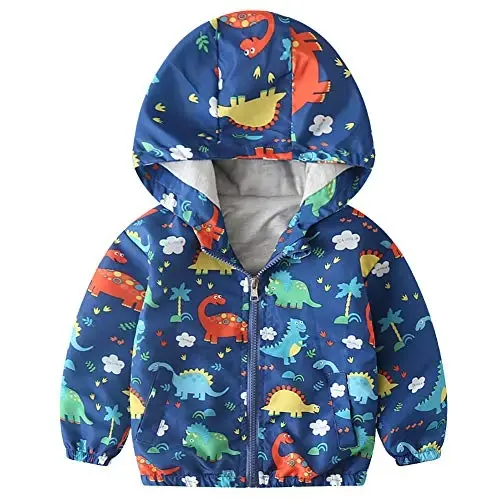 FYMNSI Toddler Baby Boys Girls Hooded Jacket Windbreaker Lightweight Dinosaur Print Coat Autumn Long Sleeve Windproof Outwear 