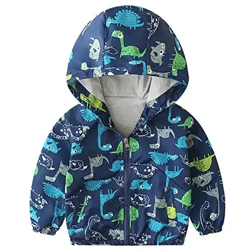 FYMNSI Toddler Baby Boys Girls Hooded Jacket Windbreaker Lightweight Dinosaur Print Coat Autumn Long Sleeve Windproof Outwear - FYMNSI