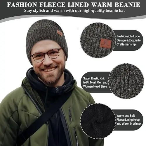 FZ FANTASTIC ZONE Mens Winter Knit Hat Beanie Long Neck Scarf Touchscreen Gloves Set Fleece Skull Caps Gifts for Men Women 