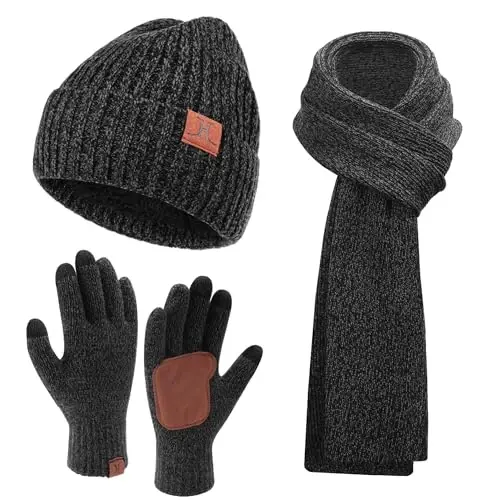 FZ FANTASTIC ZONE Mens Winter Knit Hat Beanie Long Neck Scarf Touchscreen Gloves Set Fleece Skull Caps Gifts for Men Women 
