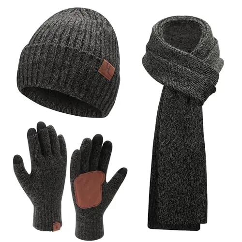 FZ FANTASTIC ZONE Mens Winter Knit Hat Beanie Long Neck Scarf Touchscreen Gloves Set Fleece Skull Caps Gifts for Men Women - 1