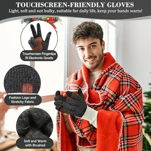 FZ FANTASTIC ZONE Mens Winter Knit Hat Beanie Long Neck Scarf Touchscreen Gloves Set Fleece Skull Caps Gifts for Men Women - 3