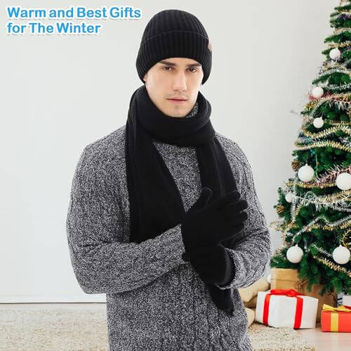 FZ FANTASTIC ZONE Mens Winter Knit Hat Beanie Long Neck Scarf Touchscreen Gloves Set Fleece Skull Caps Gifts for Men Unisex - 6