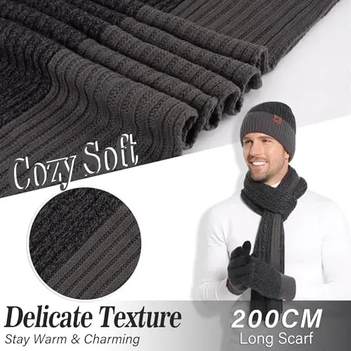 FZ FANTASTIC ZONE Mens Winter Knit Hat Beanie Long Neck Scarf Touchscreen Gloves Set Fleece Skull Caps Gifts for Men Women - 4