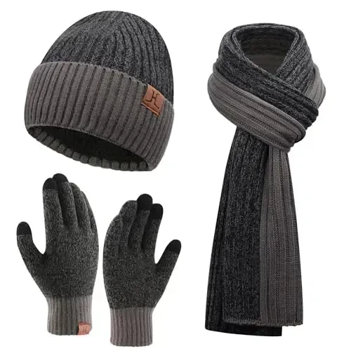 FZ FANTASTIC ZONE Mens Winter Knit Hat Beanie Long Neck Scarf Touchscreen Gloves Set Fleece Skull Caps Gifts for Men Women 