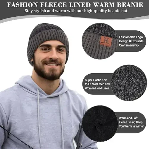 FZ FANTASTIC ZONE Mens Winter Knit Hat Beanie Long Neck Scarf Touchscreen Gloves Set Fleece Skull Caps Gifts for Men Women - 2