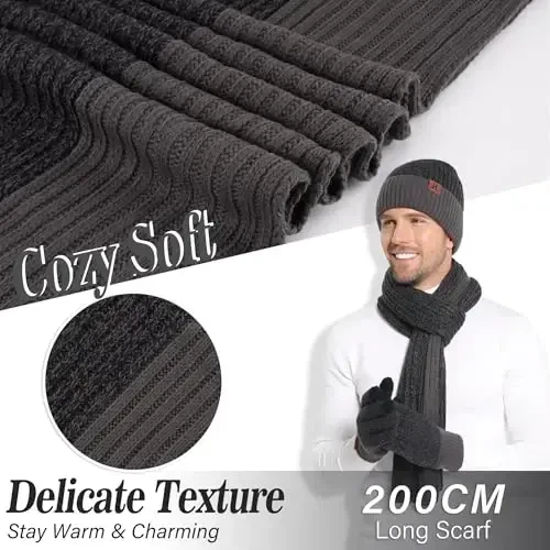 FZ FANTASTIC ZONE Mens Winter Knit Hat Beanie Long Neck Scarf Touchscreen Gloves Set Fleece Skull Caps Gifts for Men Women - 5