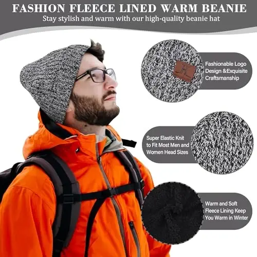 FZ FANTASTIC ZONE Mens Winter Knit Hat Beanie Long Neck Scarf Touchscreen Gloves Set Fleece Skull Caps Gifts for Men Women 