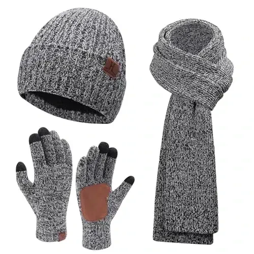 FZ FANTASTIC ZONE Mens Winter Knit Hat Beanie Long Neck Scarf Touchscreen Gloves Set Fleece Skull Caps Gifts for Men Women 