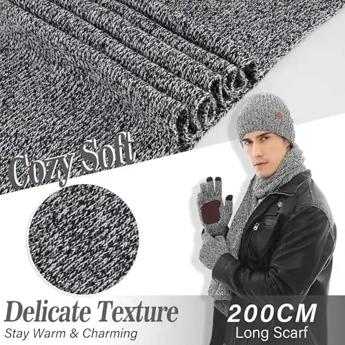 FZ FANTASTIC ZONE Mens Winter Knit Hat Beanie Long Neck Scarf Touchscreen Gloves Set Fleece Skull Caps Gifts for Men Women - 5