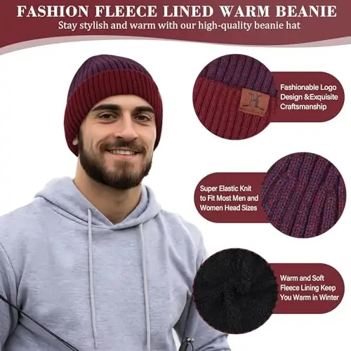 FZ FANTASTIC ZONE Mens Winter Knit Hat Beanie Long Neck Scarf Touchscreen Gloves Set Fleece Skull Caps Gifts for Men Women - 1