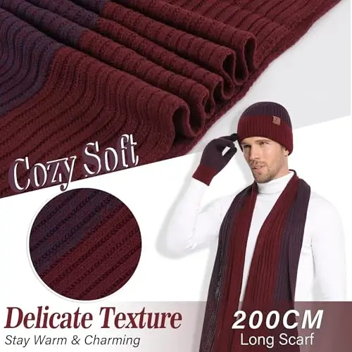 FZ FANTASTIC ZONE Mens Winter Knit Hat Beanie Long Neck Scarf Touchscreen Gloves Set Fleece Skull Caps Gifts for Men Women - 4
