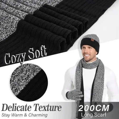FZ FANTASTIC ZONE Mens Winter Knit Hat Beanie Long Neck Scarf Touchscreen Gloves Set Fleece Skull Caps Gifts for Men Women - 4