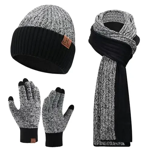 FZ FANTASTIC ZONE Mens Winter Knit Hat Beanie Long Neck Scarf Touchscreen Gloves Set Fleece Skull Caps Gifts for Men Women - 1
