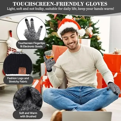 FZ FANTASTIC ZONE Mens Winter Knit Hat Beanie Long Neck Scarf Touchscreen Gloves Set Fleece Skull Caps Gifts for Men Women - 3