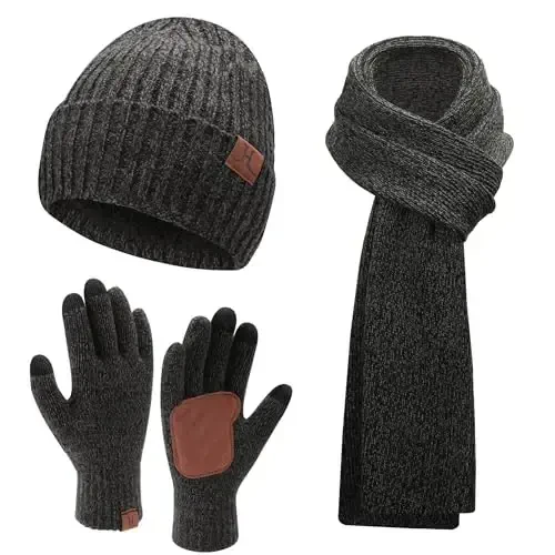 FZ FANTASTIC ZONE Mens Winter Knit Hat Beanie Long Neck Scarf Touchscreen Gloves Set Fleece Skull Caps Gifts for Men Women - 1