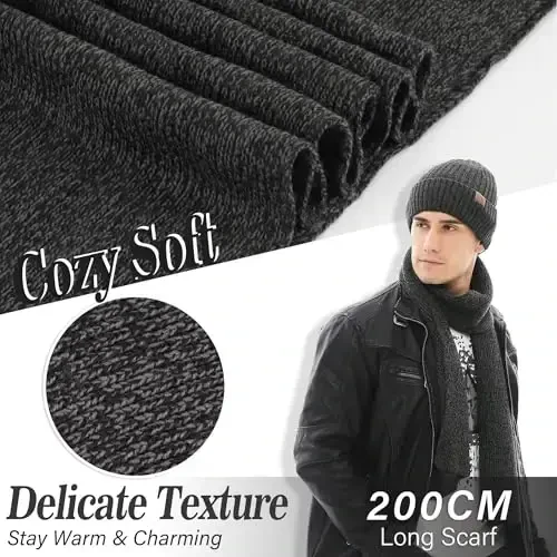 FZ FANTASTIC ZONE Mens Winter Knit Hat Beanie Long Neck Scarf Touchscreen Gloves Set Fleece Skull Caps Gifts for Men Women - 5