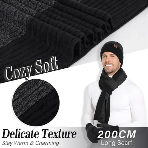 FZ FANTASTIC ZONE Mens Winter Knit Hat Beanie Long Neck Scarf Touchscreen Gloves Set Fleece Skull Caps Gifts for Men Women - 4