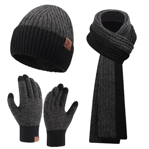 FZ FANTASTIC ZONE Mens Winter Knit Hat Beanie Long Neck Scarf Touchscreen Gloves Set Fleece Skull Caps Gifts for Men Women - 1