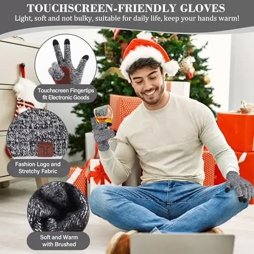 FZ FANTASTIC ZONE Mens Winter Knit Hat Beanie Long Neck Scarf Touchscreen Gloves Set Fleece Skull Caps Gifts for Men Women - 3