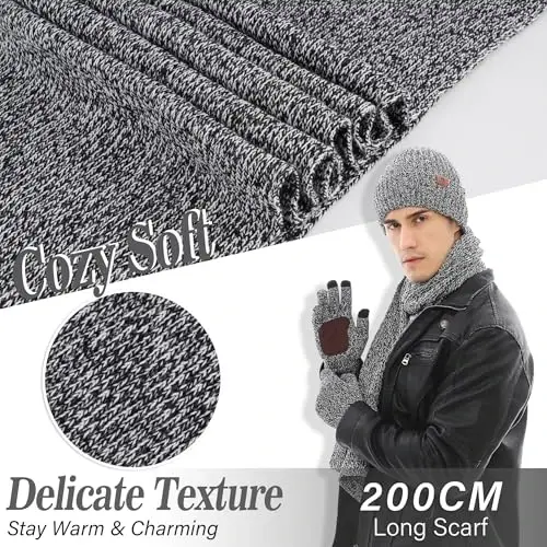 FZ FANTASTIC ZONE Mens Winter Beanie Hat and Scarf Touchscreen Gloves Sets | Men's Skullies & Beanies Hat Knit Warm Caps Thick Thermal Scarves Driving Snow Ski Gloves for Men Women Cold Weather Gifts - 4