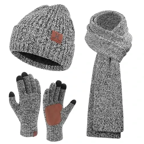 FZ FANTASTIC ZONE Mens Winter Knit Hat Beanie Long Neck Scarf Touchscreen Gloves Set Fleece Skull Caps Gifts for Men Women - FZ
