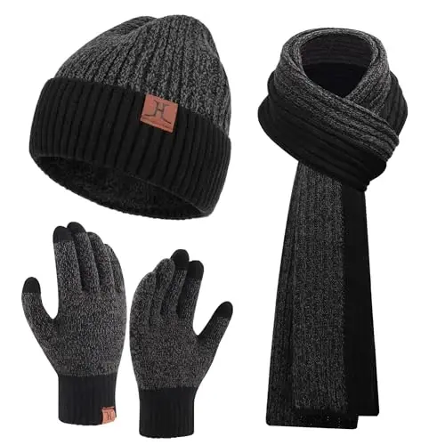 FZ FANTASTIC ZONE Mens Winter Knit Hat Beanie Long Neck Scarf Touchscreen Gloves Set Fleece Skull Caps Gifts for Men Women - FZ