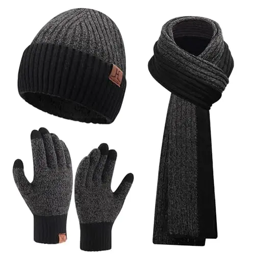 FZ FANTASTIC ZONE Mens Winter Knit Hat Beanie Long Neck Scarf Touchscreen Gloves Set Fleece Skull Caps Gifts for Men Women - 1