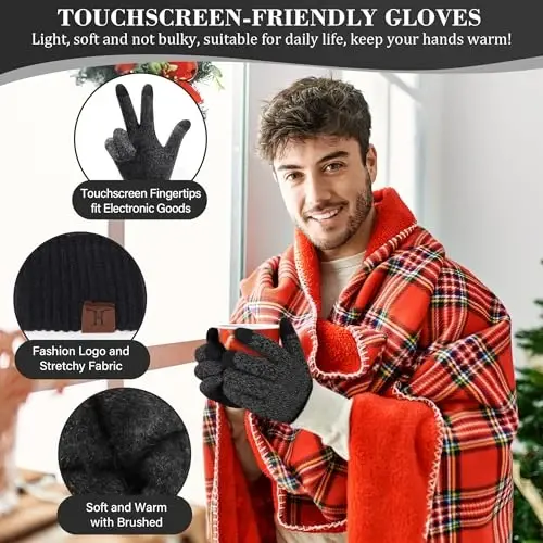 FZ FANTASTIC ZONE Mens Winter Knit Hat Beanie Long Neck Scarf Touchscreen Gloves Set Fleece Skull Caps Gifts for Men Women - 3