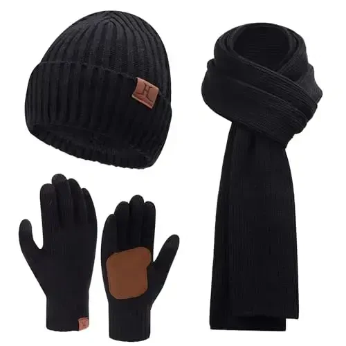 FZ FANTASTIC ZONE Mens Winter Knit Hat Beanie Long Neck Scarf Touchscreen Gloves Set Fleece Skull Caps Gifts for Men Women 