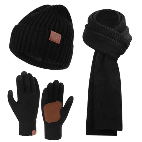 FZ FANTASTIC ZONE Mens Winter Knit Hat Beanie Long Neck Scarf Touchscreen Gloves Set Fleece Skull Caps Gifts for Men Women 